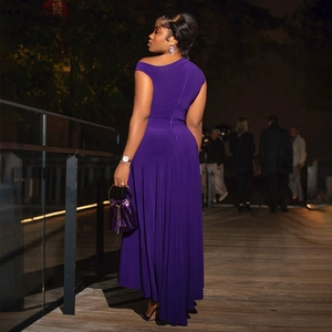 Sleepless purple off-the-shoulder evening gown with a slim waist and long flowy skirt