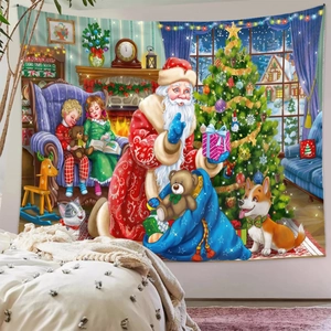 Detailansicht eines Weihnachtswandteppichs mit Weihnachtsmann und Haustieren im Heim