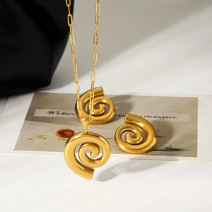 Polished 18k gold plated stainless steel spiral pendant necklace and matching stud earrings set