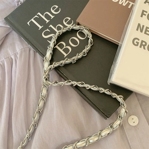 Detailed view of silver braided chain strap with leather resting on books and fabric