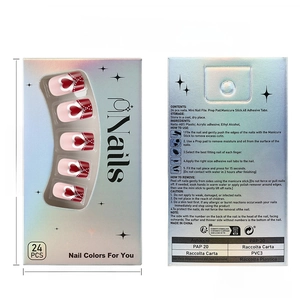 Detailed packaging back view of red heart press-on nails with full usage instructions