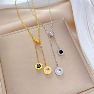 Titanium Steel Roman Numeral Pendant Necklace For Women Elegant Double Round Zircon Minimalist Y Shaped Jewelry