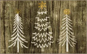 Detail of Christmas doormat showing three white holiday trees on vintage green fabric
