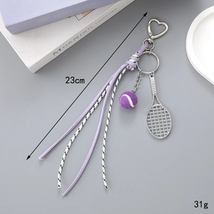 Tennis racket keychain with purple ball and braided cord detail, 23cm length and 31g weight