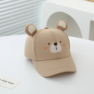 Detailed close-up of a khaki children baseball cap with 3D bear ears and embroidery