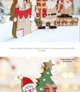 Detail of wooden Christmas ornaments featuring Santa Claus, a tree with gold glitter star