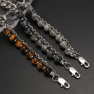 Men's stainless steel NK chain bracelet with natural tiger eye and stone beads