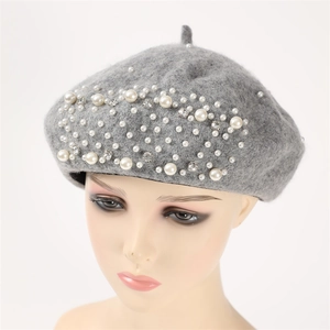 Elegant grey wool beret for women featuring handmade pearls and sparkling rhinestones