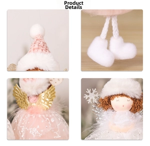 Close-up of Christmas angel doll features with knit hat, gold wings and lace skirt details