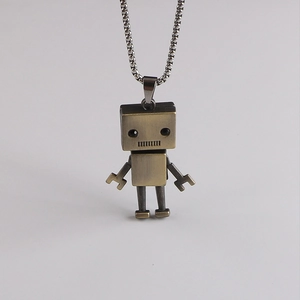 Vintage bronze robot pendant necklace with movable limbs and long metal sweater chain