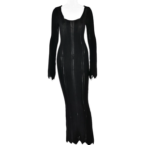 Slim fit black long sleeve knitted maxi dress with U-neck and distressed hem detail