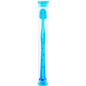 Detailed view of blue silicone pet toothbrush with soft bristles and clear storage case