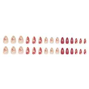 Kit de faux ongles amande rouge foncé et rose avec motifs floraux 3D et rayures