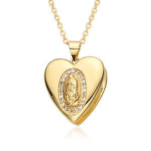 Golden heart locket necklace with Virgin Mary medallion and sparkling crystal details
