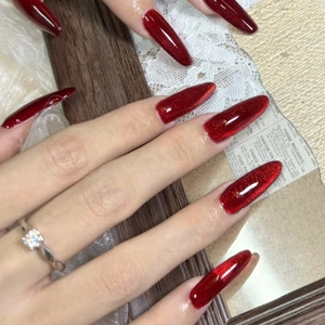 Rode Kattenoog Press On Nagels Lange Doodskist Glanzend Luxe Nagelkunst Kunstnagels Voor Dames Elegante Tips