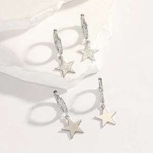 Minimalist 925 sterling silver star hoop earrings with zircon paving and tassel drops