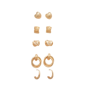 5-pair set of gold geometric metal earrings with heart and twisted textured designs