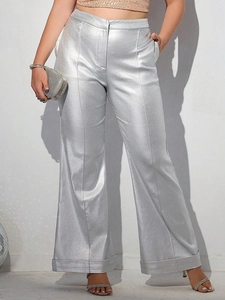 Women's metallic silver high-waisted wide-leg trousers with a stylish fluid silhouette