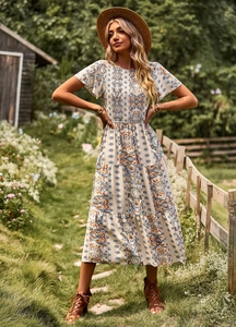 Détail d'une robe maxi bohème à taille ajustée et jupe en A dans un décor champêtre