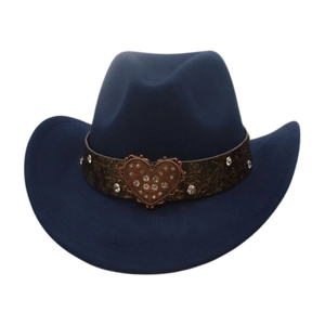 Detail of navy blue suede cowboy hat with embossed leather band and heart buckle