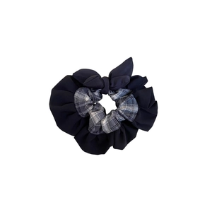 Blue grid pattern puffy scrunchie with bow tie decoration for high ponytail hairstyles