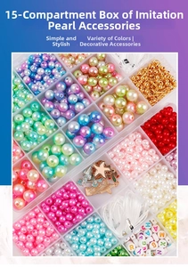 Close-up of DIY jewelry kit with 15-grid box containing colorful pearls and letter beads