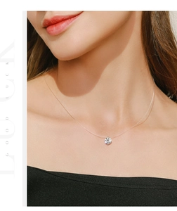 Détail du collier en fil de pêche invisible avec zircon rond scintillant sur modèle