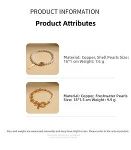 Detail view of 18k gold plated OT toggle bracelets with pearls and square pendant tags
