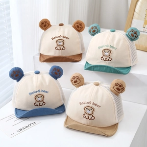 Baby Baseball Cap Mesh Breathable Summer Sun Hat Cute Cartoon Bear Ears Cotton Polyester Infant Toddler