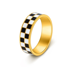 Classic checkered black and white enamel ring in gold-plated stainless steel