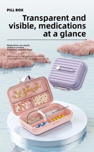 Detail of 8-compartment portable pill box with numeric markers and secure metal buckle