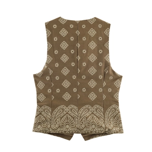 Gilet ethnique marron pour femme avec broderies géométriques et motifs cachemire au dos