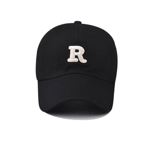 Classic black cotton baseball cap featuring a white embroidered letter R on the front