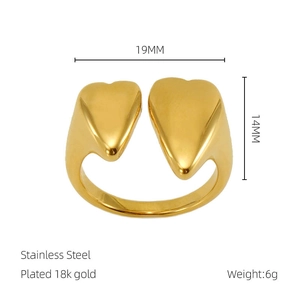 Macro detail of gold plated stainless steel double heart ring with dimension specifications