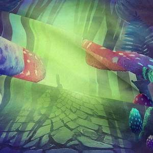 Detail of magical forest tapestry fabric texture with vibrant mushrooms and misty trees