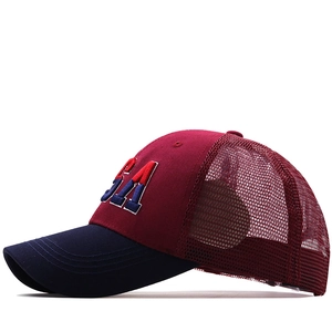 Detail of 3D USA embroidery on burgundy and navy mesh trucker baseball cap