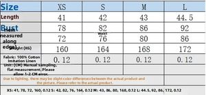 Size chart for backless linen blend crop top showing XS to L measurements in CM