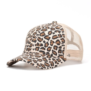 Side view of leopard print baseball cap featuring breathable mesh and curved brim details
