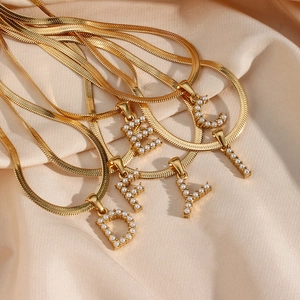 Gold plated stainless steel snake chain necklace with pearl alphabet letter pendant