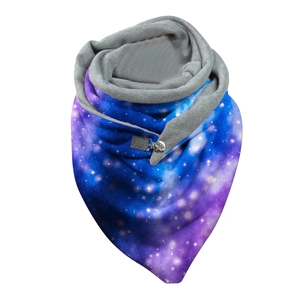 Detail of star print scarf with soft grey fleece lining and secure metal button closure