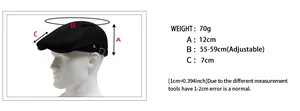 Detailed size chart for men's breathable mesh beret cap showing adjustable dimensions