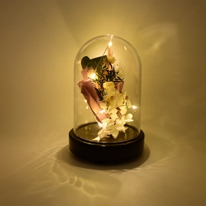 Macro shot of preserved flowers in glass dome with warm LED fairy lights on wood base