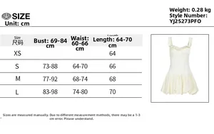 Detailed size chart for white mini sleeveless dress with bust waist and length metrics