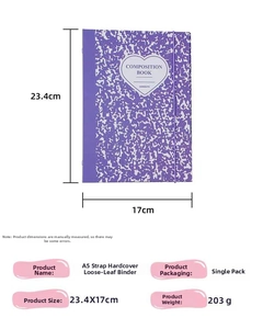 Detailed view of A5 purple marble binder composition book showing 23.4x17cm dimensions