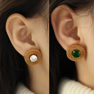 Vintage style gold mesh oval earrings with white and green stones for women