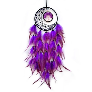 Purple Tree of Life dream catcher wall hanging with feathers and black beads