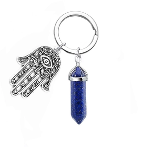 Detail of Hamsa Hand charm and blue hexagonal crystal pillar on a silver keychain