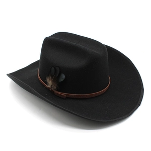Classic black wool western cowboy hat with brown braided band and feather decoration