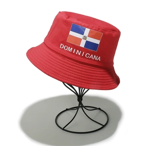 Detail of red cotton bucket hat with Dominican Republic flag and Americana text
