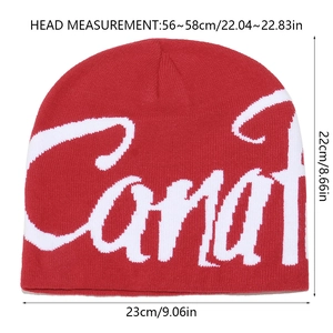 Red knit beanie with Canati jacquard lettering and detailed size measurements in cm